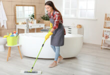 What are the five steps of cleaning procedure of a bathroom?