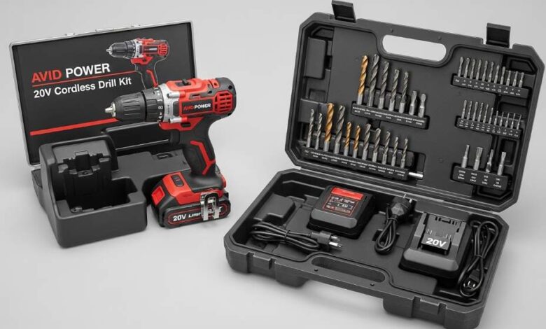 AVID POWER 20V cordless drill kit with battery, charger, and complete drill bit set in organized carrying case