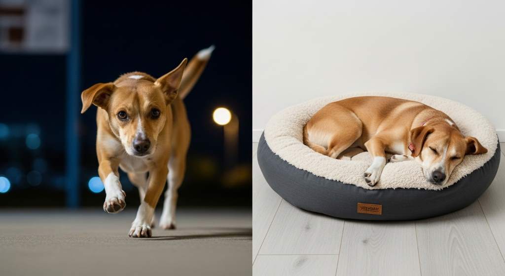 Anxious dog pacing at night versus the same pup sleeping soundly in a donut-shaped soothing canine nest