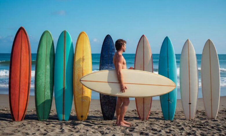 1. Longboard surfboards of various sizes lined up on beach showing 8 to 10 foot length differences and width variations