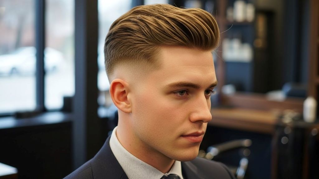 Stylish client showcasing signature barbershop haircut with clean lines and textured styling