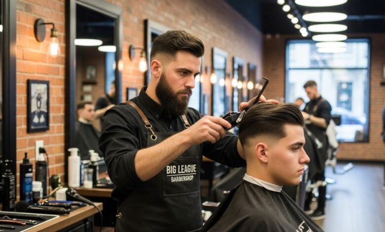 Professional barber applying precise fade haircut technique at modern big league barbershop