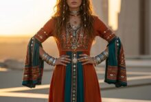 Woman wearing flowing maxi dress with metallic embroidery and layered bohemian jewelry showcasing future-boho fashion style