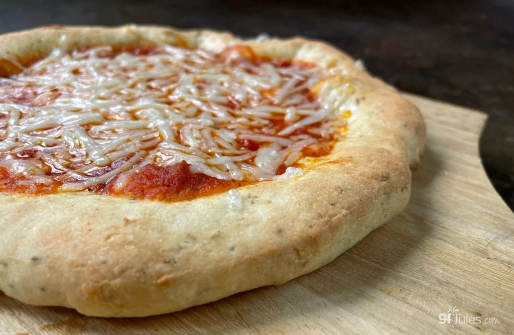 Close-up of a gluten-free pizza baked at home using premium flour.
