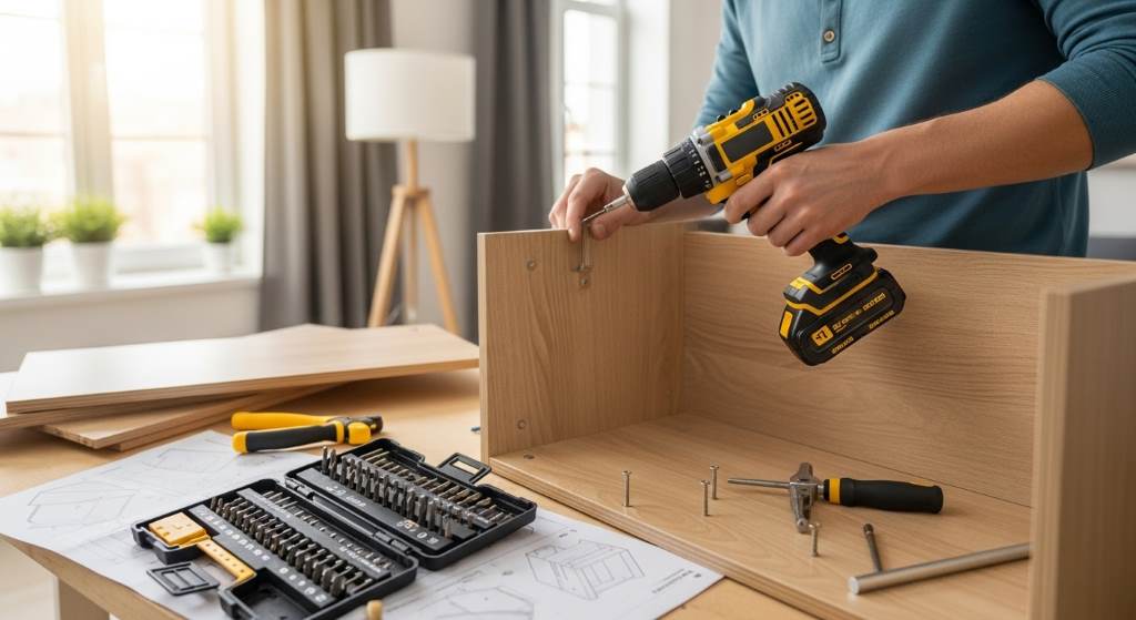 Homeowner using affordable cordless drill to assemble furniture with drill bit set visible on workbench