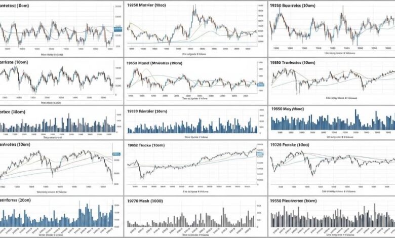 Historical stock market data charts showing decades of price movements and trading volumes for financial analysis