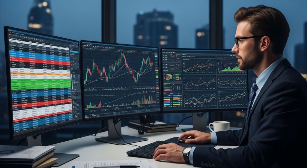 Financial analyst reviewing multiple computer screens displaying historical economic datasets and market trend graphs