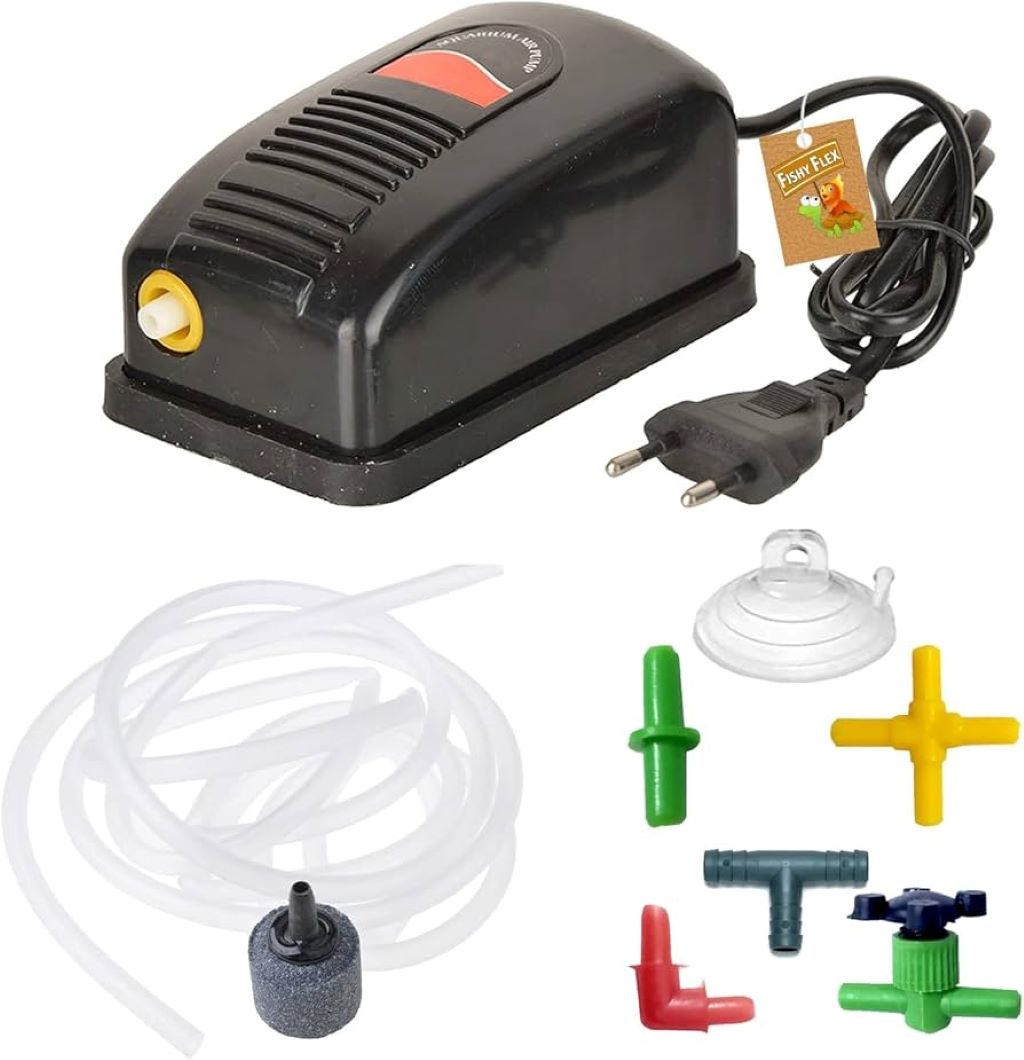 Aquarium air pump with control valve and airline tubing on black foam mat