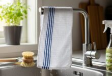 Clean Swedish dishcloth hanging to dry after removing grease buildup with natural cleaning methods