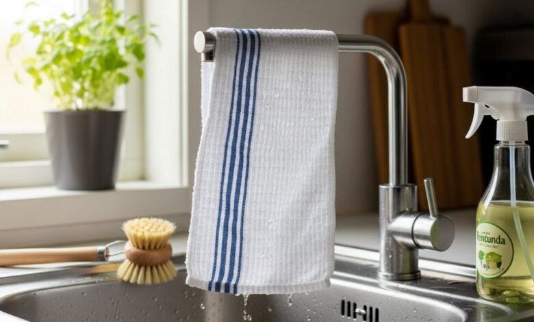Clean Swedish dishcloth hanging to dry after removing grease buildup with natural cleaning methods
