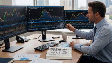 Investor reviewing cyclical stock performance graphs using Peter Lynch investment methodology