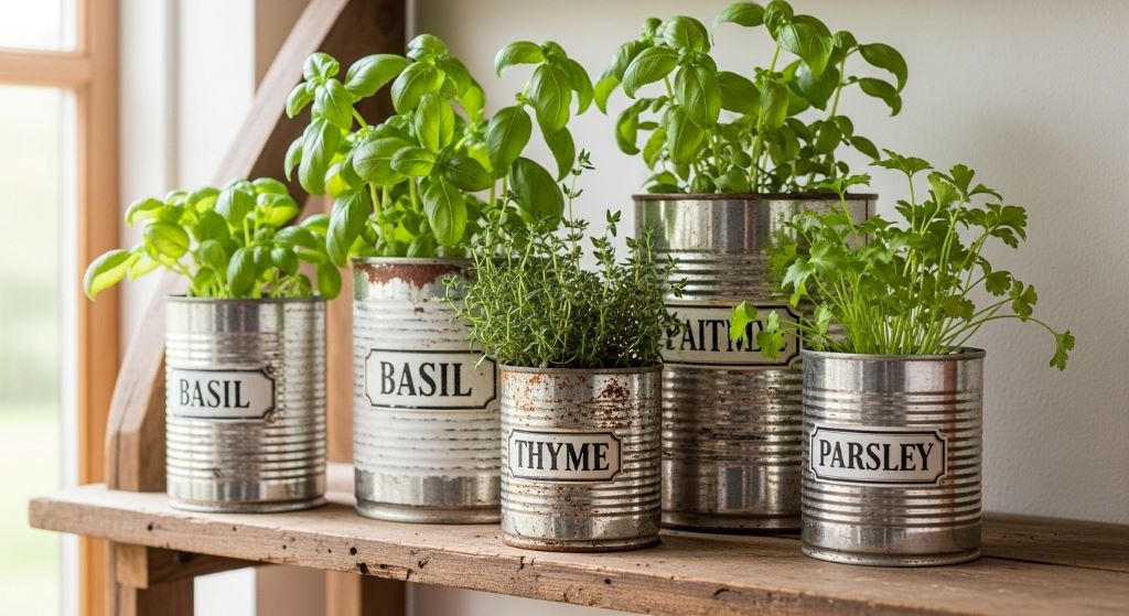 Rustic tin can herb garden arrangement with labeled containers growing fresh basil thyme and parsley on wooden shelf