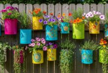 Colorful painted tin cans hanging on garden fence filled with blooming flowers and trailing plants