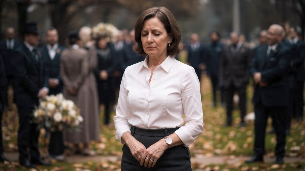Conservative funeral outfit with charcoal gray dress pants and modest accessories for memorial service