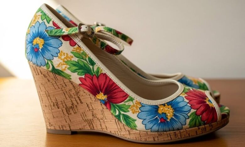 Vintage 1940s cork wedge heel women's shoes with peep-toe design and colorful fabric upper