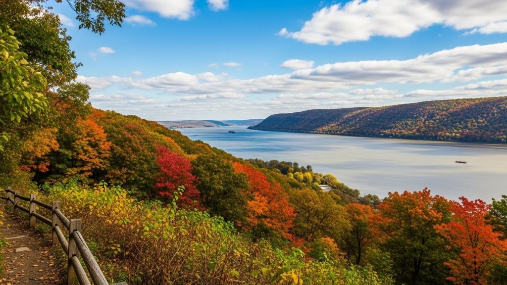 Scenic overlook view from Inwood Hill Park trail showing Hudson River and dense canopy perfect for observing migratory birds