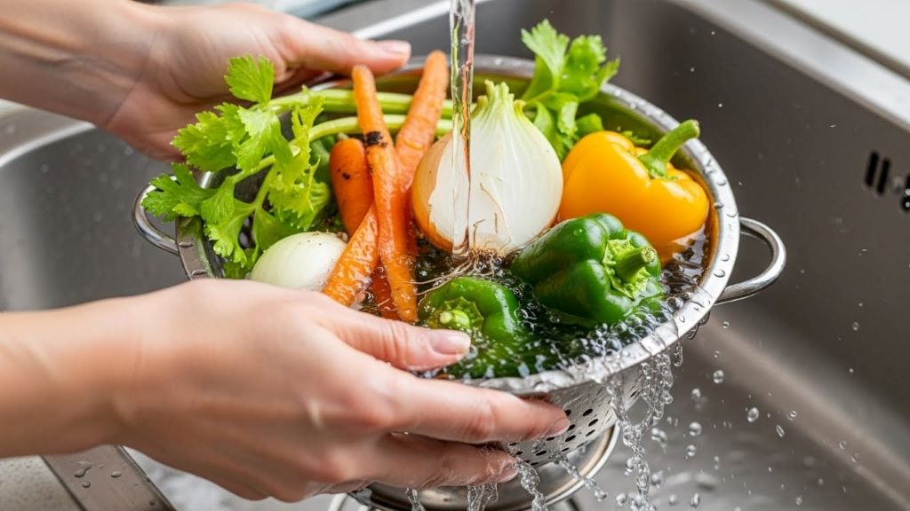 Hands washing fresh vegetable scraps under running water in a kitchen sink to remove dirt before freezing for stock