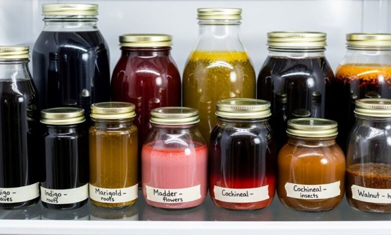 Glass jars filled with preserved natural dye liquids in various earth tone colors stored on refrigerator shelf