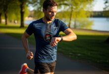 Runner checking Garmin watch heart rate zones during outdoor training session