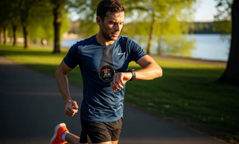 Runner checking Garmin watch heart rate zones during outdoor training session