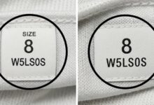 Close-up comparison showing authentic Lululemon size dot font versus counterfeit tag with irregular spacing and different font characteristics