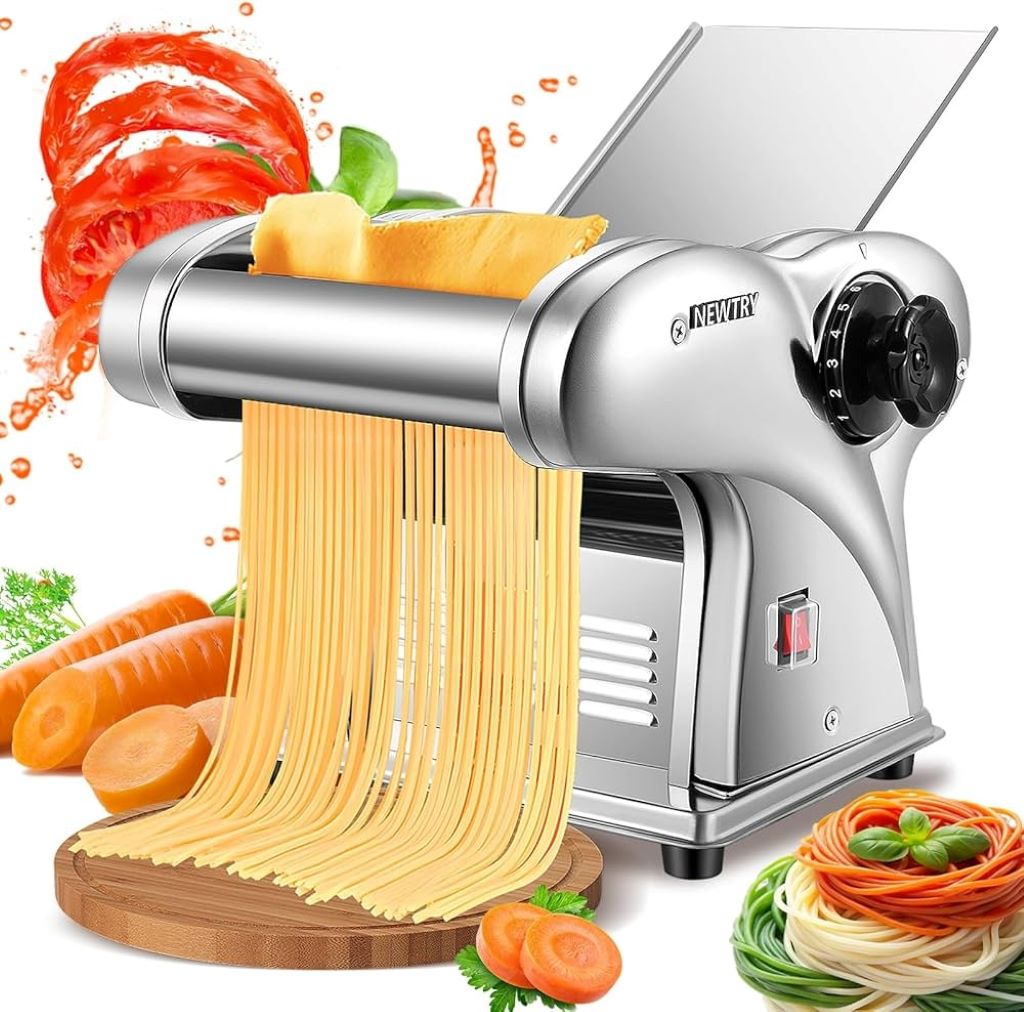Close-up of NEWTRY pasta maker extruding homemade pasta automatically.