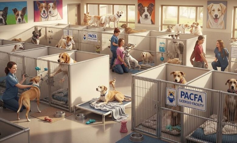 Colorado animal shelter with dogs in clean kennels meeting PACFA standards