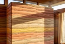 Thick rammed earth wall showing natural layered texture and thermal mass cooling properties in sustainable home construction