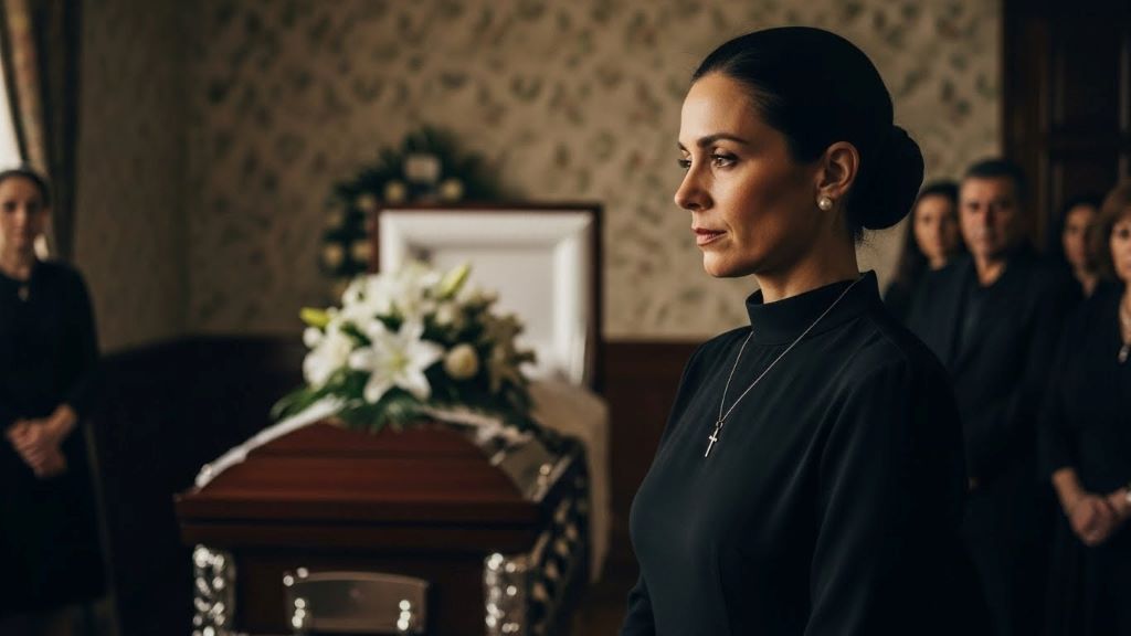 Woman in modest black dress with simple jewelry attending wake ceremony