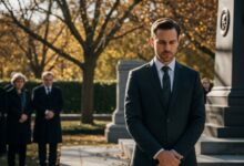Man wearing dark suit with conservative tie standing respectfully at memorial service