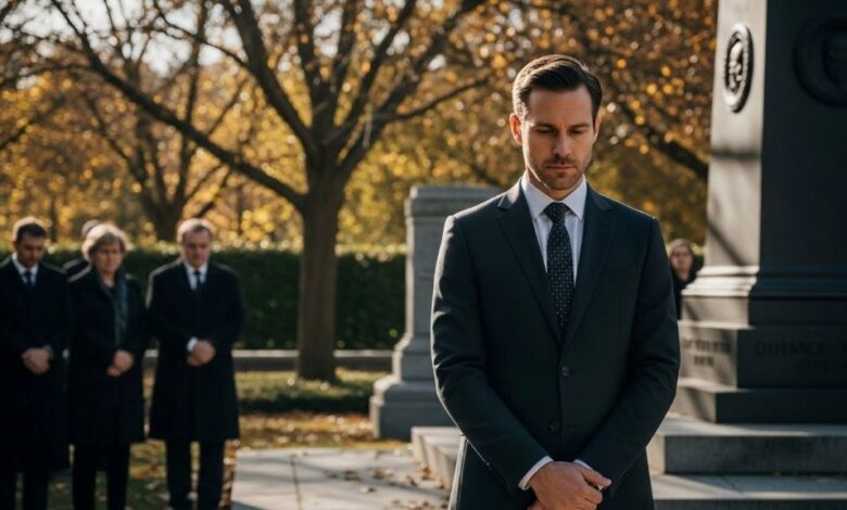 Man wearing dark suit with conservative tie standing respectfully at memorial service