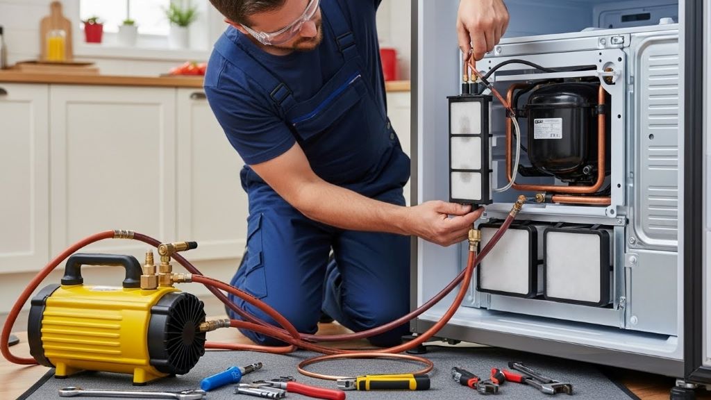 Technician replacing filter drier in refrigerator cooling system with vacuum pump equipment nearby