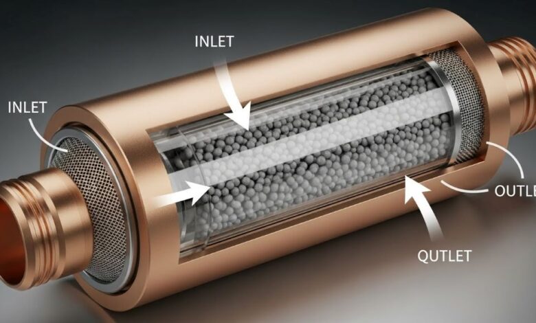 Refrigerator filter drier component showing moisture absorption chamber and refrigerant flow direction