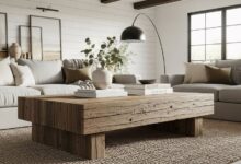 Rustic reclaimed barn wood coffee table with natural weathered texture in modern farmhouse living room