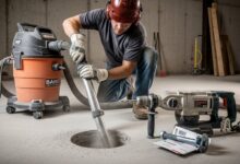 Worker using industrial vacuum to clean drilled concrete hole before installing anchor bolt