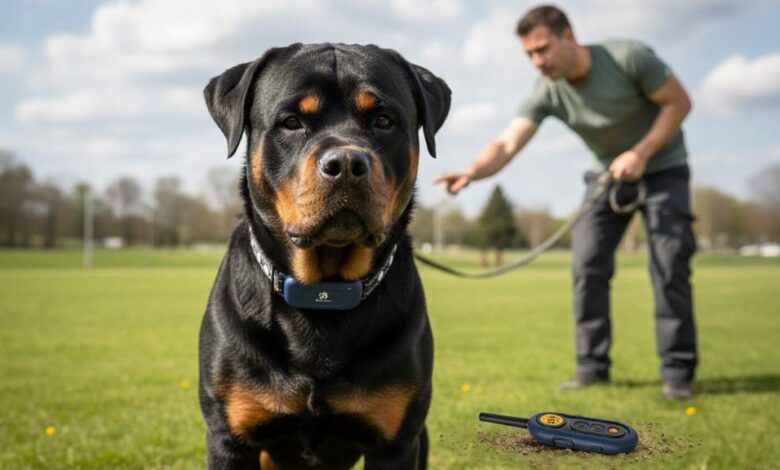 Bousnic shock collar worn by a large stubborn dog during outdoor training session