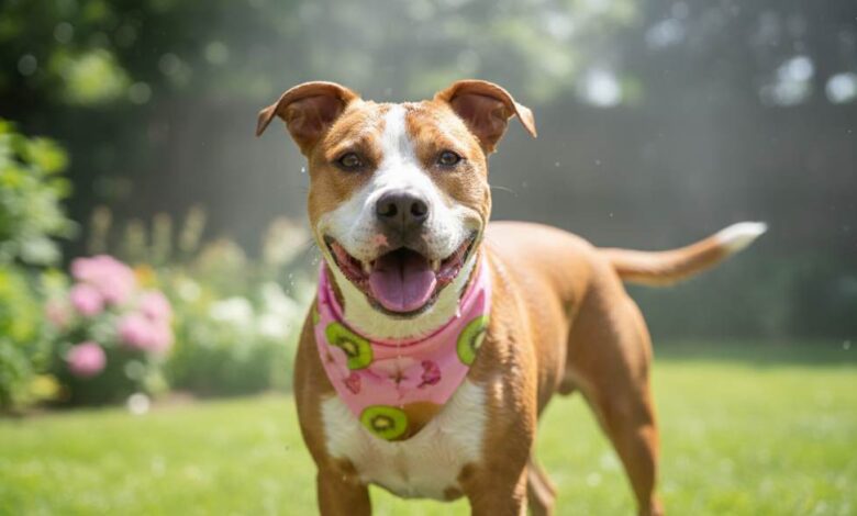 Freshly bathed dog with shiny coat looking happy outdoors