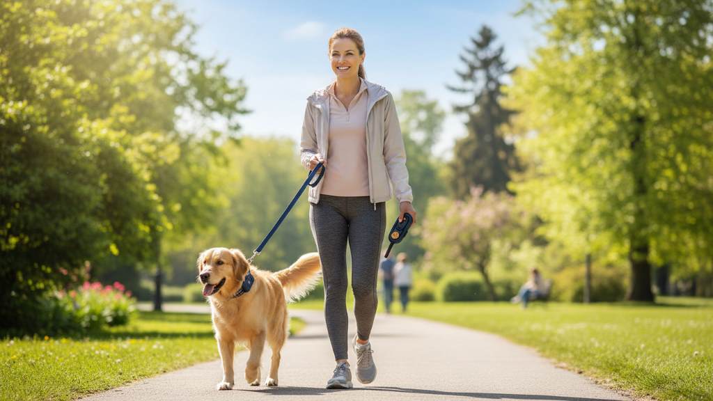 Happy dog owner walking a well-behaved pet after using Bousnic behavior correction collar