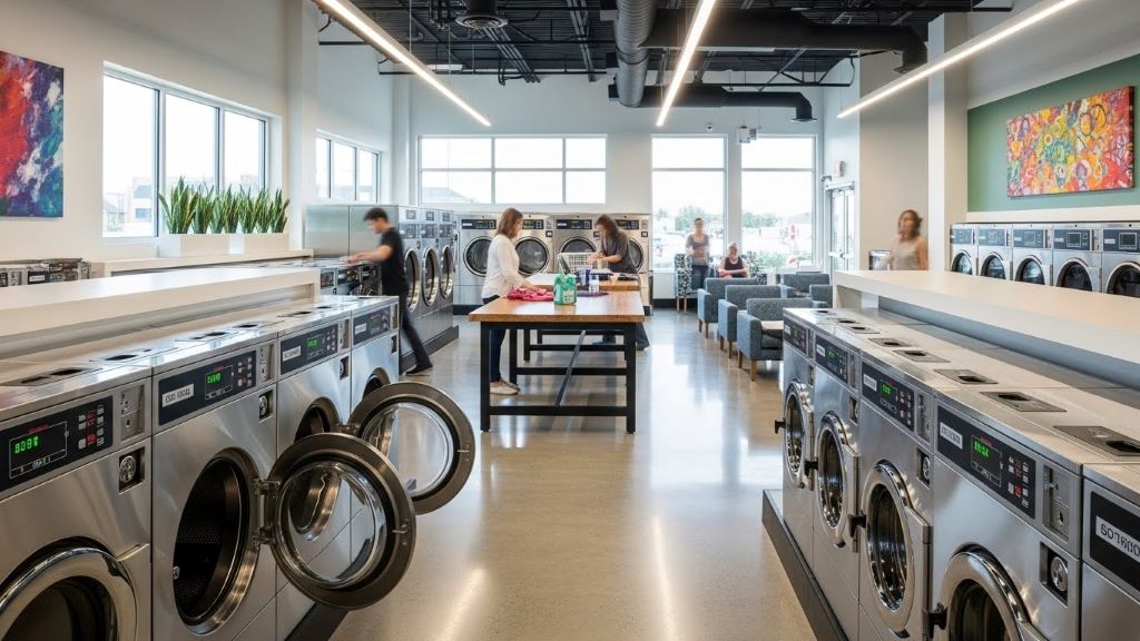 Modern commercial laundromat with multiple washing machines lined up in clean, well-lit facility