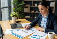 Business owner reviewing washing machine business plan with financial charts and risk assessment documents