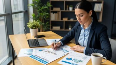 Business owner reviewing washing machine business plan with financial charts and risk assessment documents