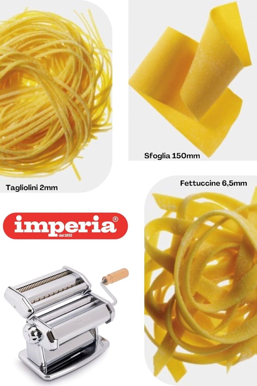 Close-up of the Imperia pasta maker showing its classic stainless steel construction and hand-crank.