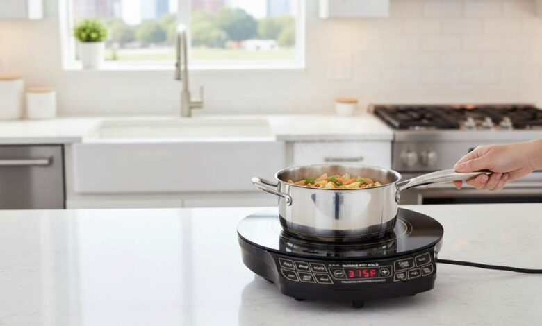 Modern kitchen with sleek induction cooktop in use, showcasing efficient cooking