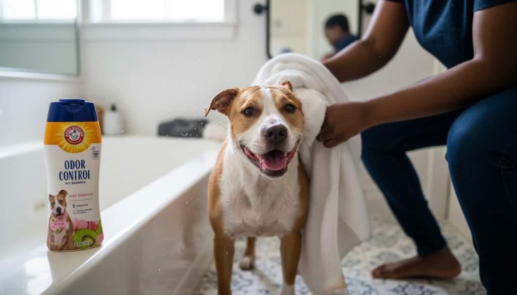 Owner drying a wet dog using a towel in a bathroom setting