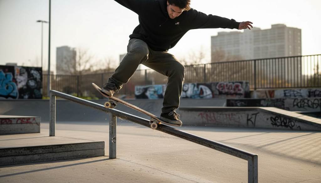Skater performing a boardslide grind on a rail with Independent Stage 11 trucks