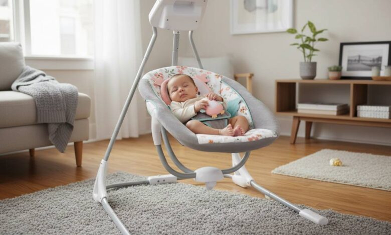 Cozy infant in foldable portable baby swing ideal for compact apartments