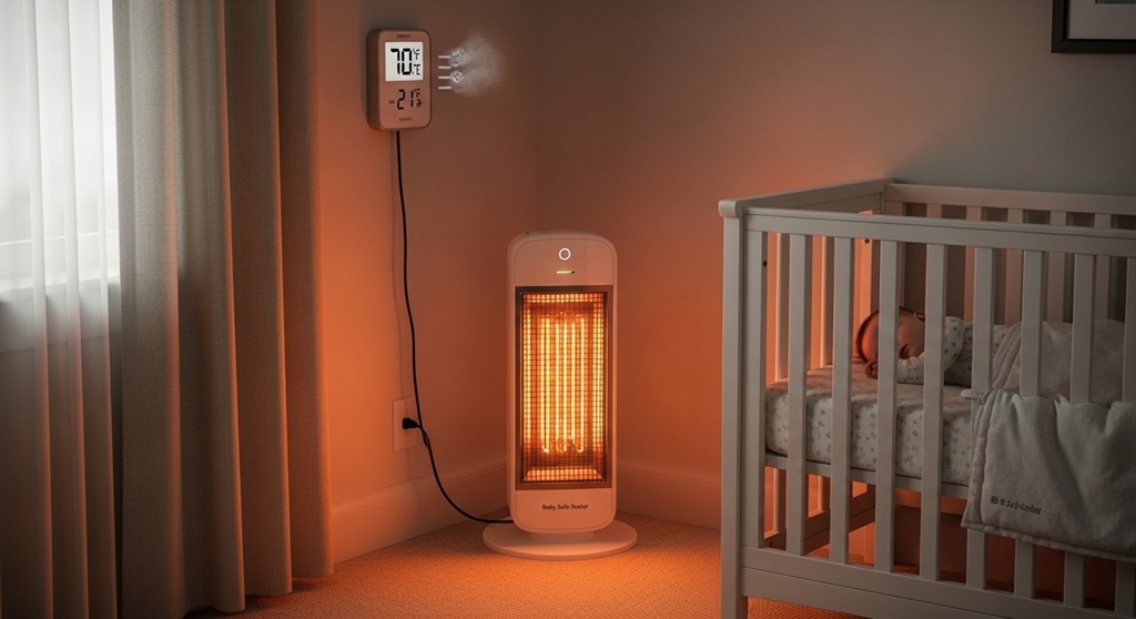 Digital thermometer showing ideal nursery temperature of 70°F