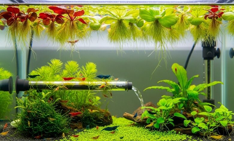 Floating plants with long roots in a shrimp breeding tank