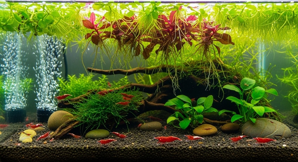 Healthy Neocaridina shrimp grazing under floating plants