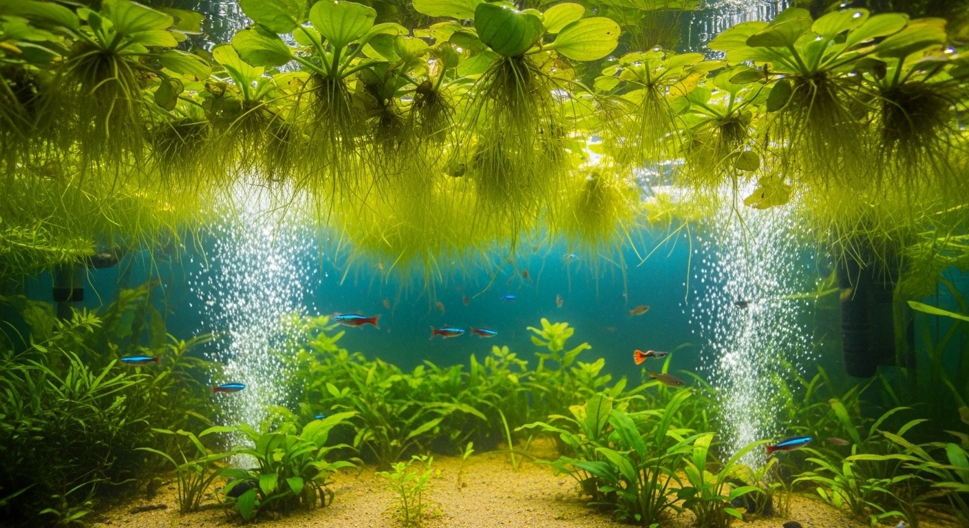 Surface coverage comparison showing 40 percent floating plants including water sprite and red root floaters in planted tank